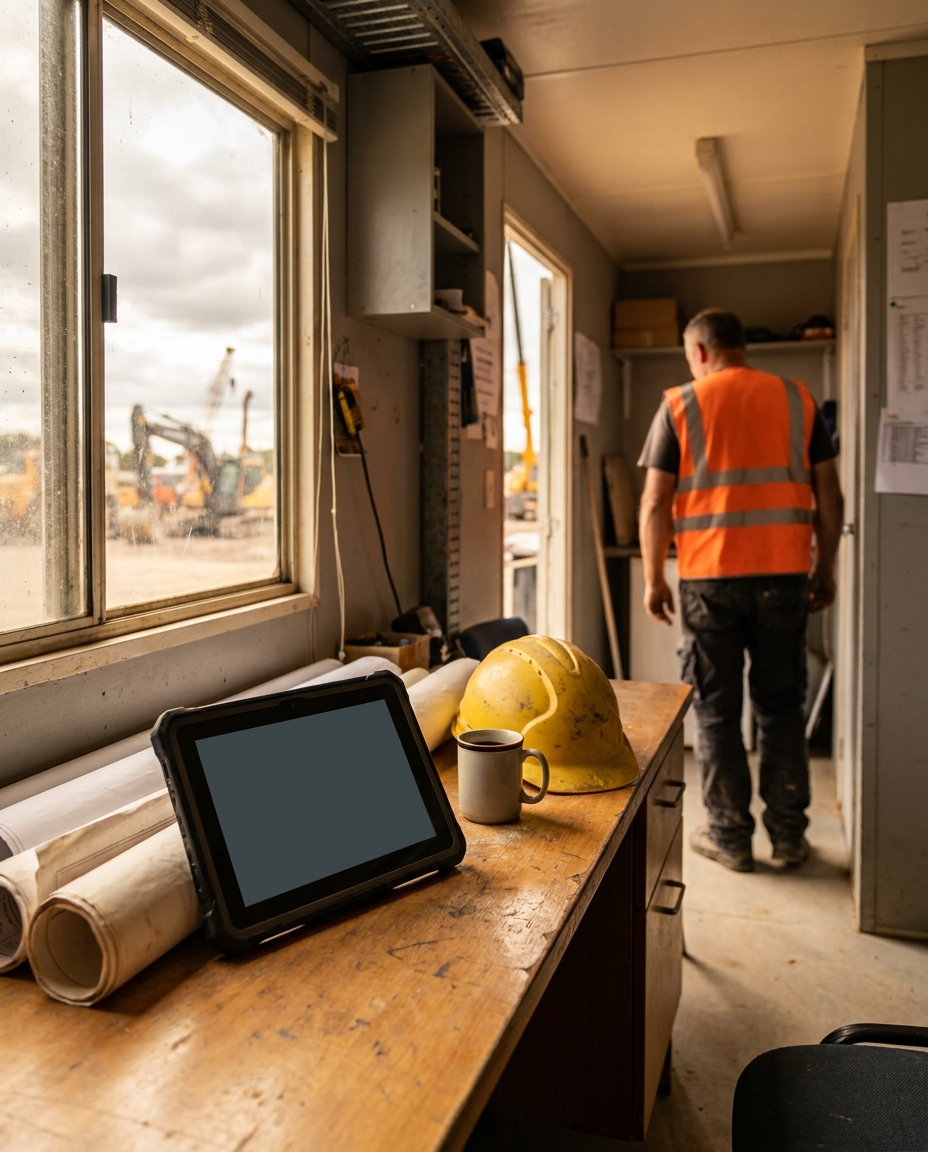 Field crew using tablets in a jobsite trailer